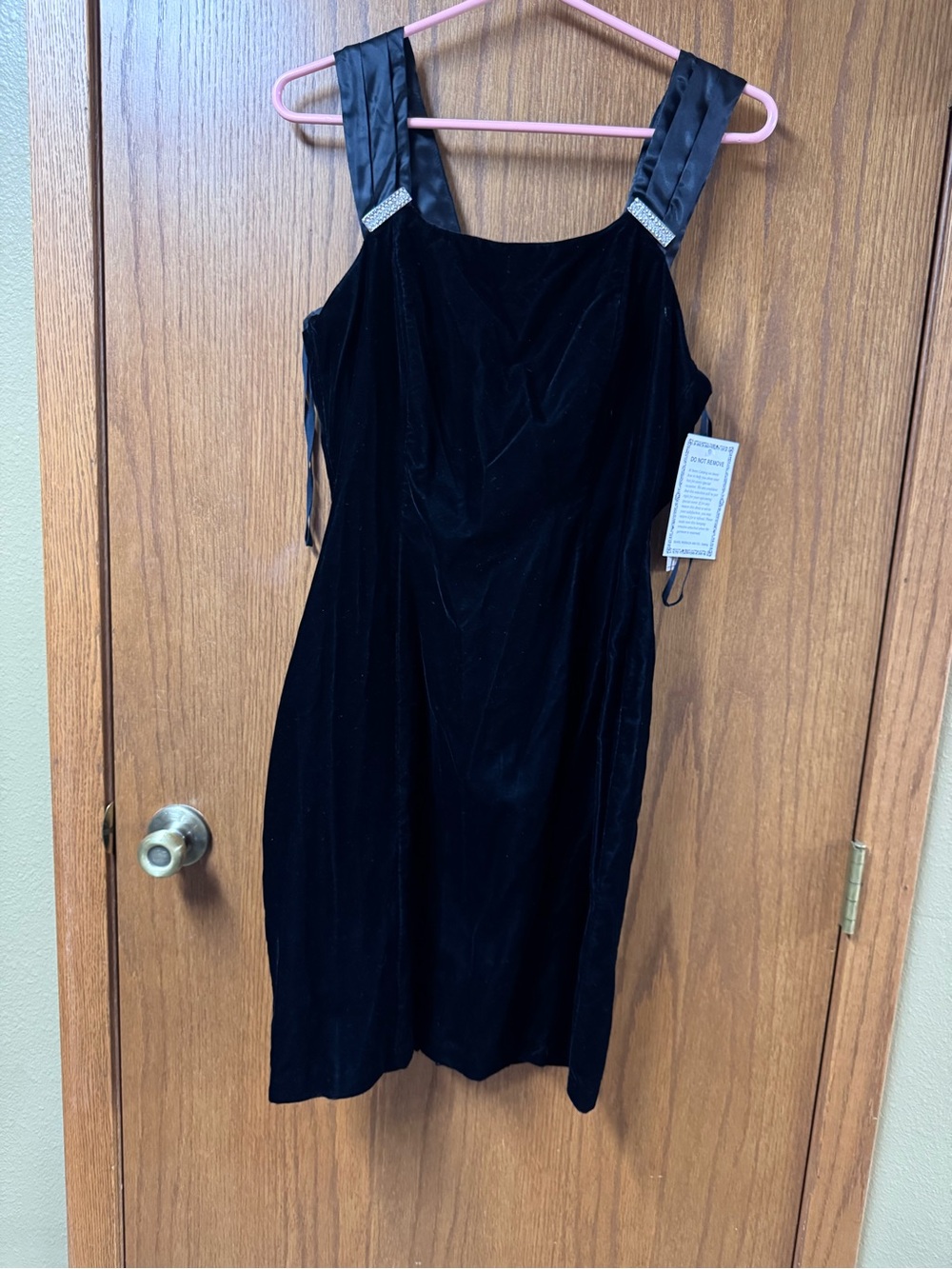 Black Velvet Sleeveless Cocktail Dress with Satin Straps, rhinestones